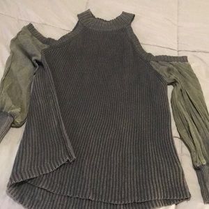 She + Sky army green cold shoulder sweater